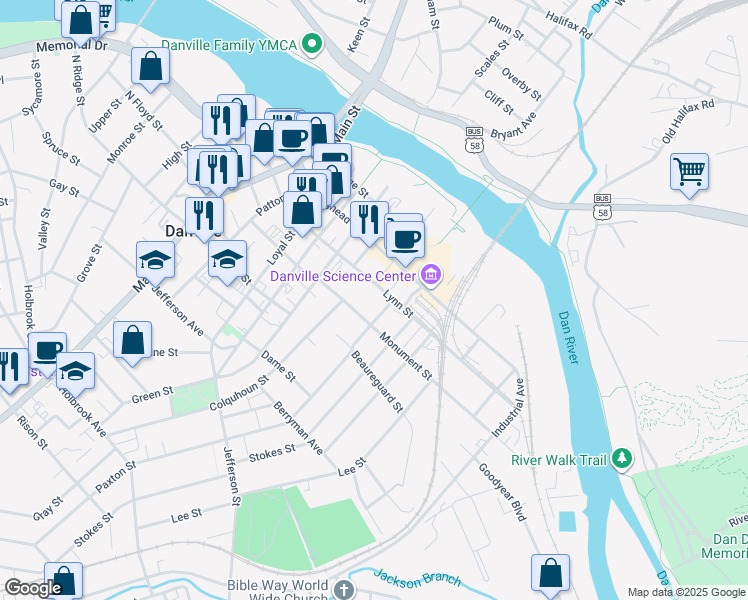 map of restaurants, bars, coffee shops, grocery stores, and more near 614 Lynn Street in Danville