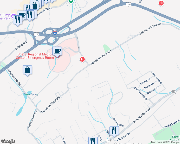 map of restaurants, bars, coffee shops, grocery stores, and more near 701 Meadow View Rd in Bristol