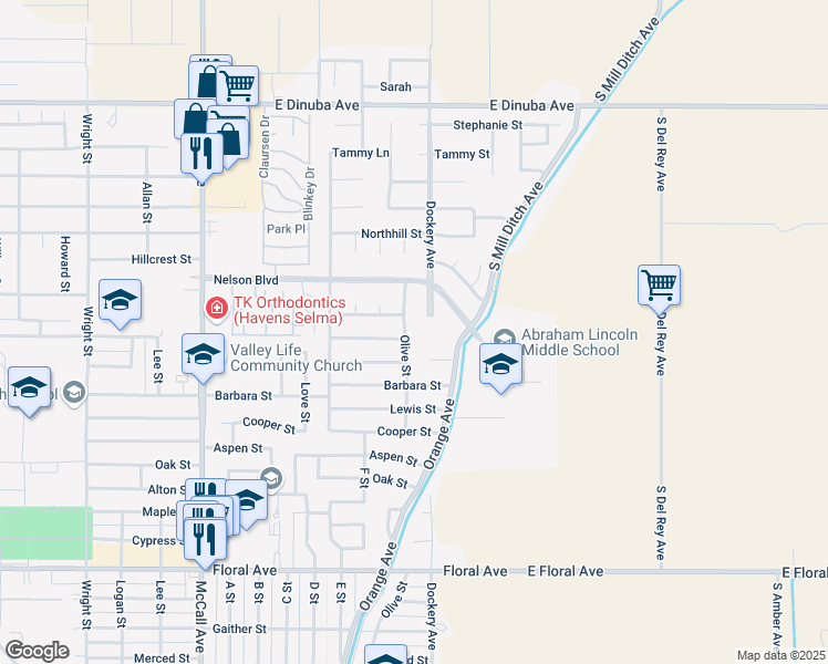 map of restaurants, bars, coffee shops, grocery stores, and more near 3410 Olive Street in Selma