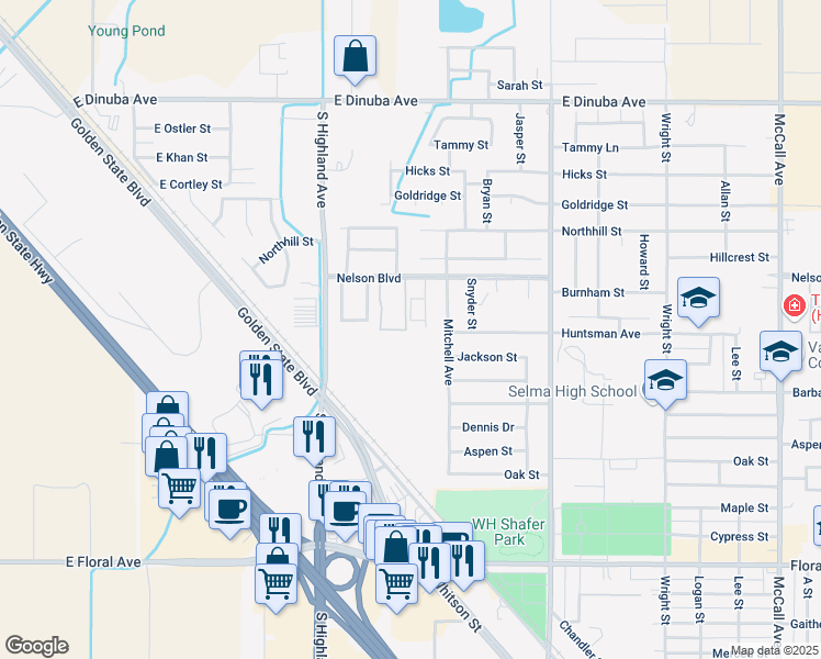 map of restaurants, bars, coffee shops, grocery stores, and more near 2721 Pheasant Run Street in Selma