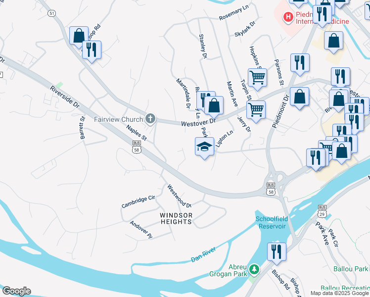 map of restaurants, bars, coffee shops, grocery stores, and more near 4180 Riverside Drive in Danville