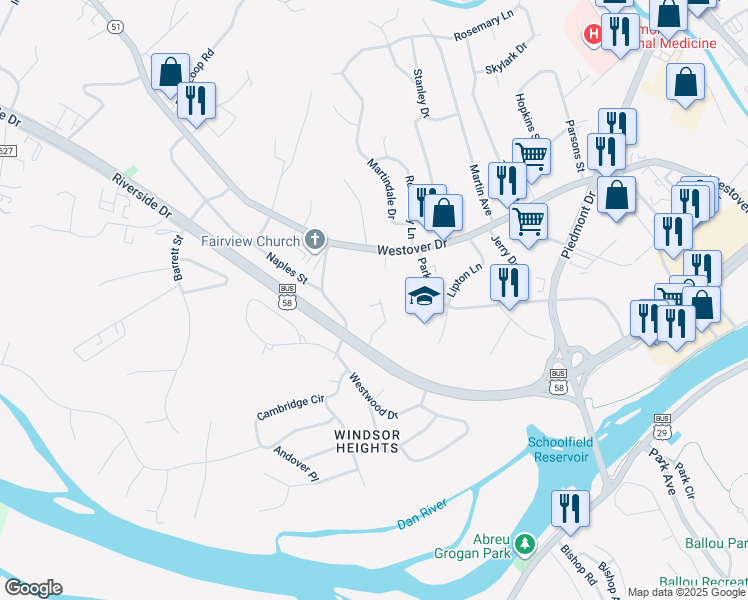 map of restaurants, bars, coffee shops, grocery stores, and more near 4180 Riverside Drive in Danville