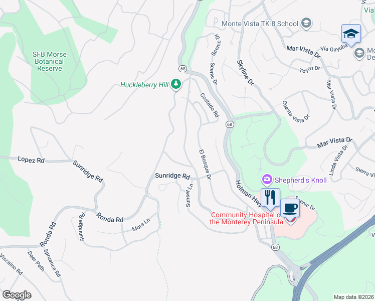 map of restaurants, bars, coffee shops, grocery stores, and more near 4083 Sunset Lane in Del Monte Forest