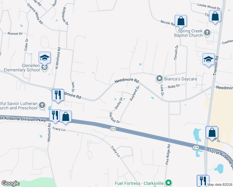 map of restaurants, bars, coffee shops, grocery stores, and more near 596 Cory Drive in Clarksville