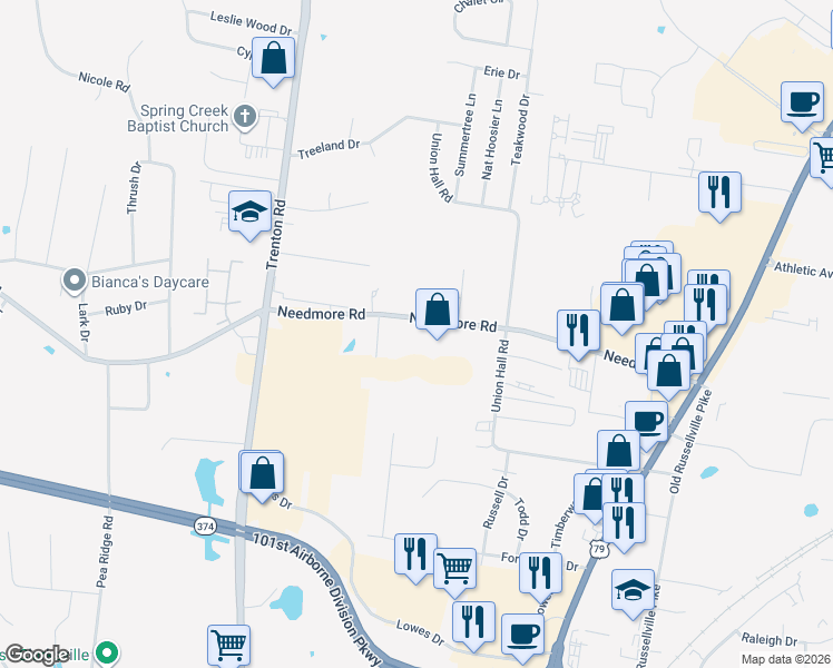 map of restaurants, bars, coffee shops, grocery stores, and more near 268 Needmore Road in Clarksville