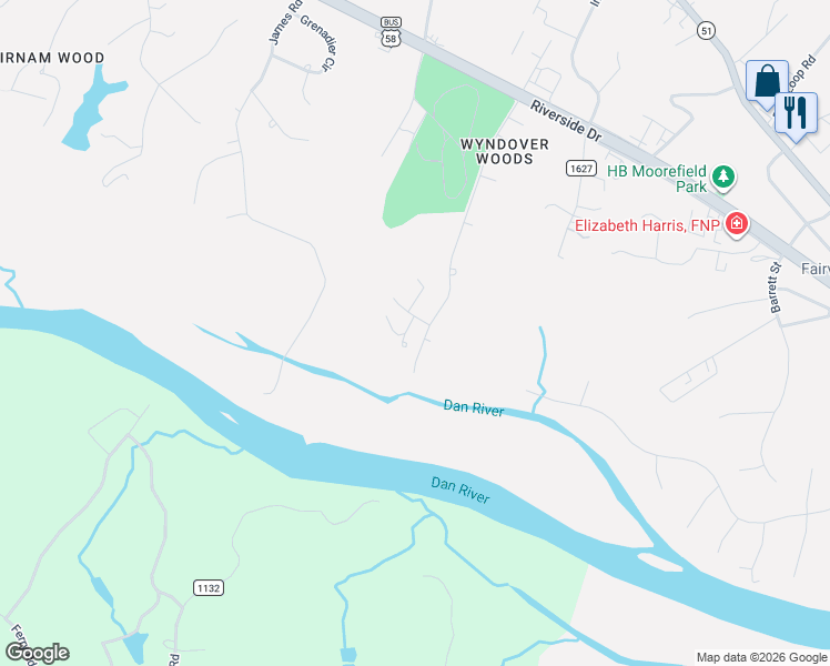 map of restaurants, bars, coffee shops, grocery stores, and more near Wyndover Drive in Danville