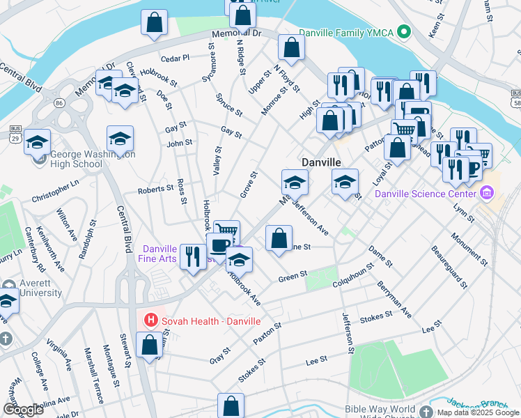 map of restaurants, bars, coffee shops, grocery stores, and more near 841 Main Street in Danville