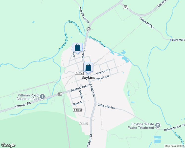 map of restaurants, bars, coffee shops, grocery stores, and more near 18197 Virginia Avenue in Boykins