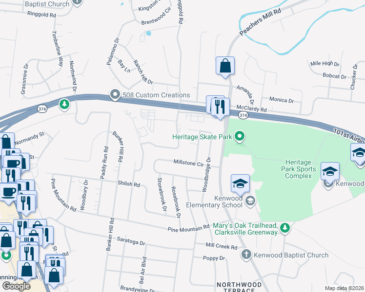 map of restaurants, bars, coffee shops, grocery stores, and more near 1257 Parkway Place in Clarksville