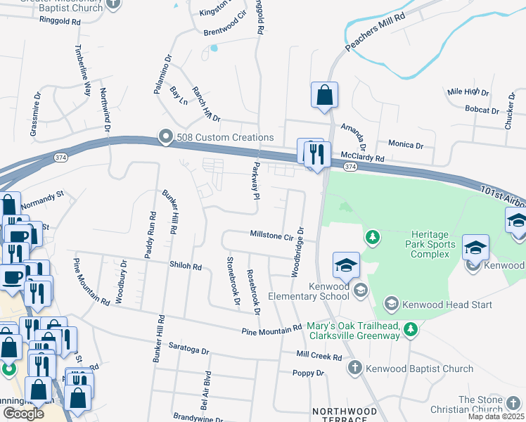 map of restaurants, bars, coffee shops, grocery stores, and more near 1210 Pebble Court in Clarksville