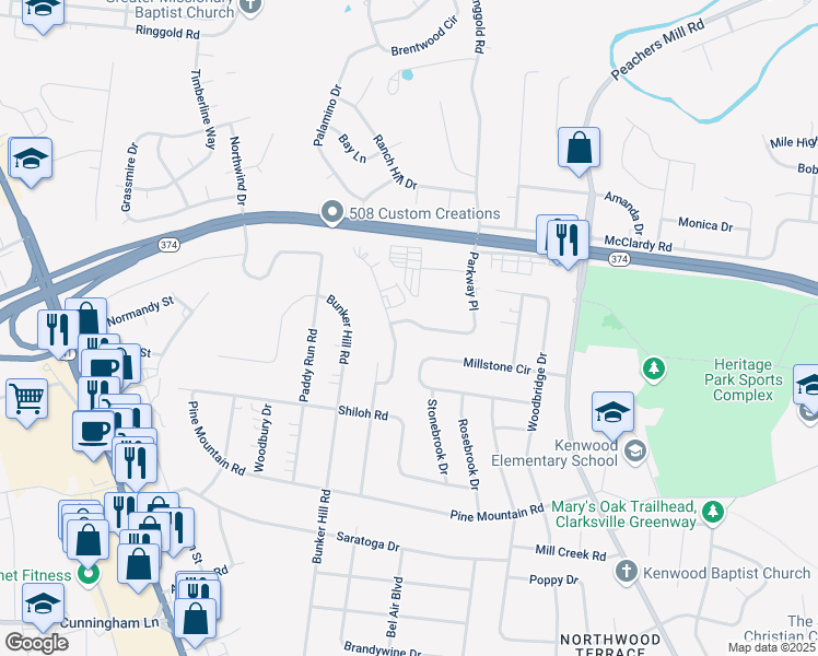map of restaurants, bars, coffee shops, grocery stores, and more near 1233 Parkway Place in Clarksville