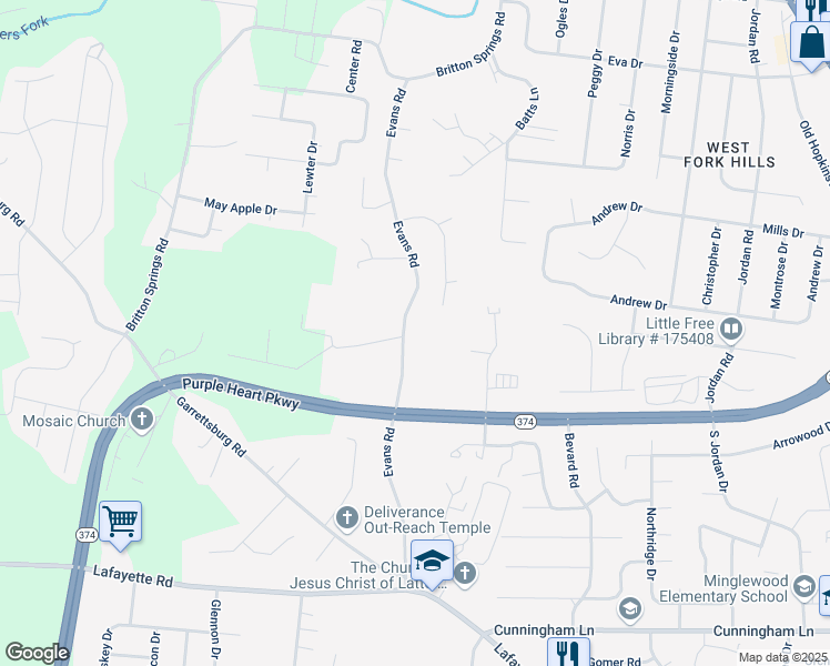 map of restaurants, bars, coffee shops, grocery stores, and more near 1793 Evans Road in Clarksville