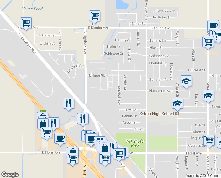 map of restaurants, bars, coffee shops, grocery stores, and more near 2721 Pheasant Run Street in Selma
