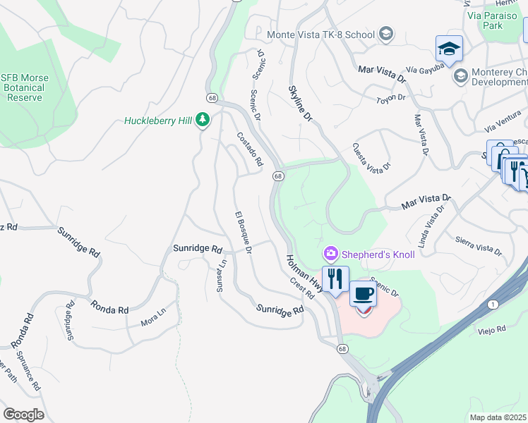 map of restaurants, bars, coffee shops, grocery stores, and more near 4080 Crest Road in Del Monte Forest