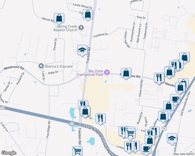 map of restaurants, bars, coffee shops, grocery stores, and more near 390 Needmore Road in Clarksville
