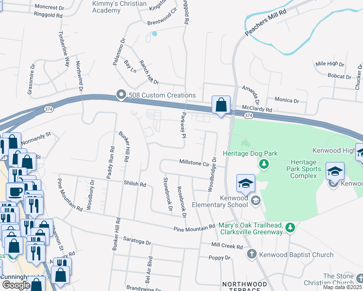 map of restaurants, bars, coffee shops, grocery stores, and more near 1239 Parkway Place in Clarksville