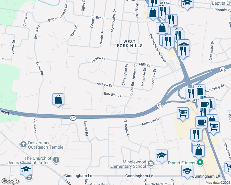 map of restaurants, bars, coffee shops, grocery stores, and more near 218 Bob White Drive in Clarksville