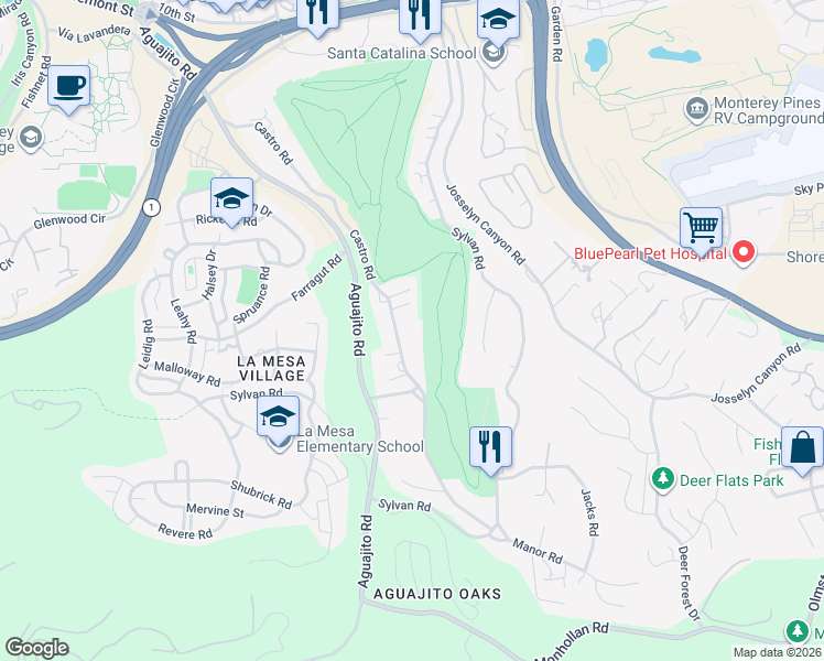 map of restaurants, bars, coffee shops, grocery stores, and more near 33 Castro Road in Monterey