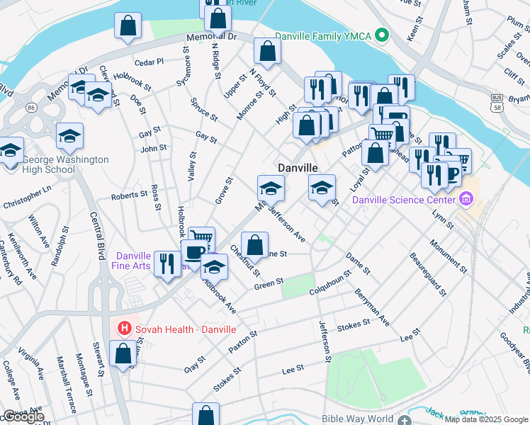 map of restaurants, bars, coffee shops, grocery stores, and more near 120 Jefferson Avenue in Danville