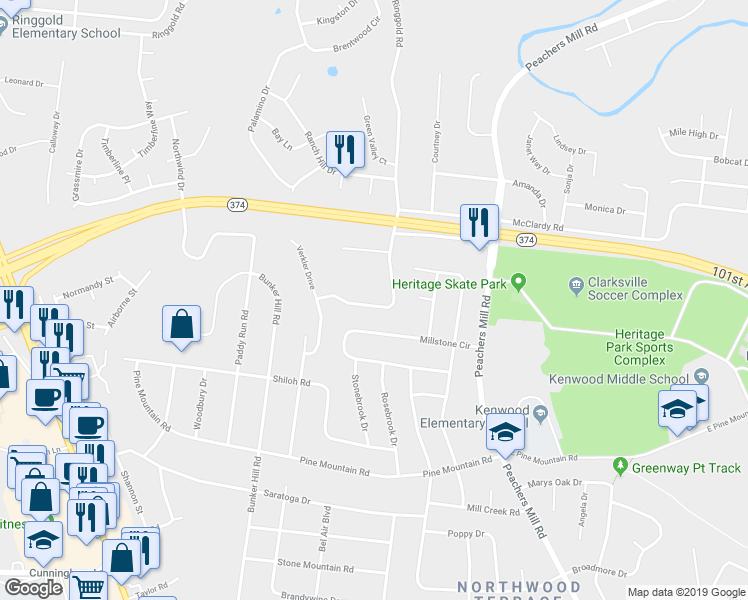 map of restaurants, bars, coffee shops, grocery stores, and more near 1239 Parkway Place in Clarksville
