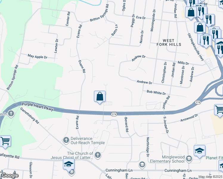 map of restaurants, bars, coffee shops, grocery stores, and more near 1213 Ashridge Drive in Clarksville
