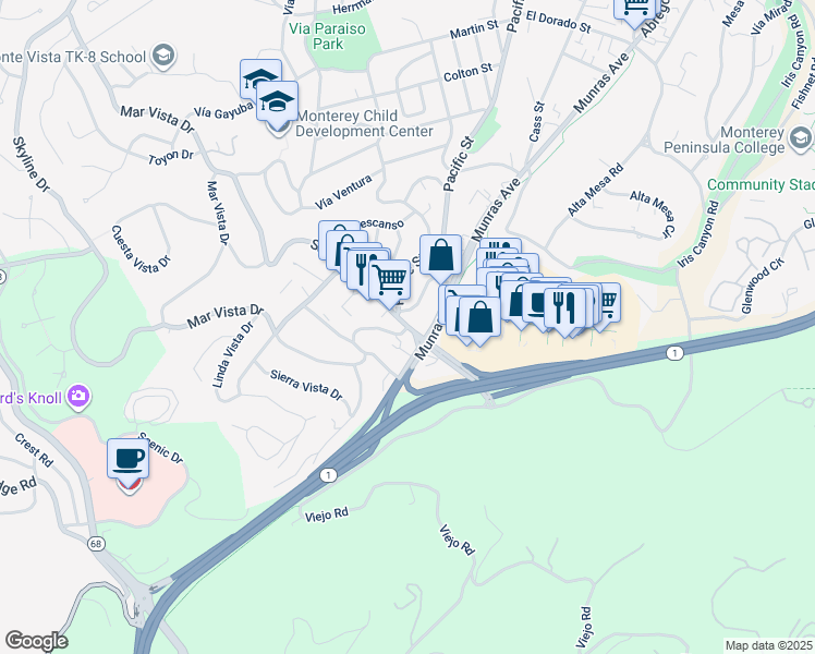 map of restaurants, bars, coffee shops, grocery stores, and more near 0 Mar Vista Drive in Monterey