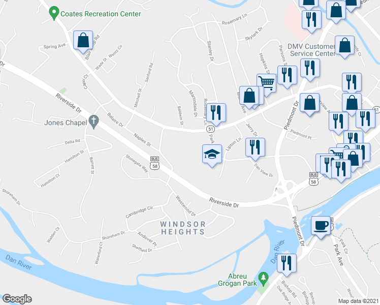 map of restaurants, bars, coffee shops, grocery stores, and more near 4180 Riverside Drive in Danville