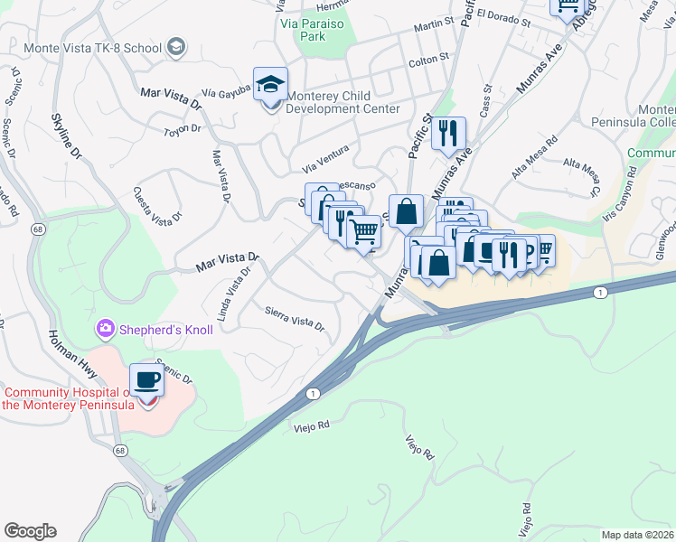 map of restaurants, bars, coffee shops, grocery stores, and more near 38 Mar Vista Drive in Monterey