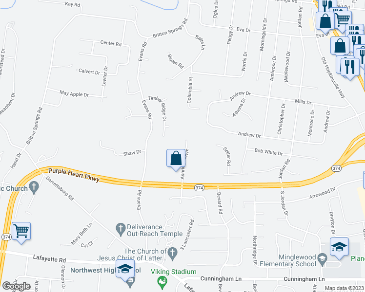 map of restaurants, bars, coffee shops, grocery stores, and more near 1218 Ashridge Drive in Clarksville