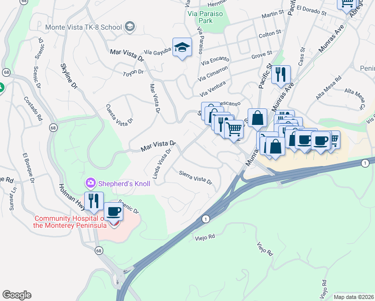 map of restaurants, bars, coffee shops, grocery stores, and more near 81 Monte Vista Drive in Monterey