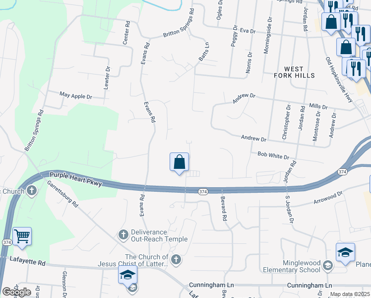 map of restaurants, bars, coffee shops, grocery stores, and more near 1218 Ashridge Drive in Clarksville