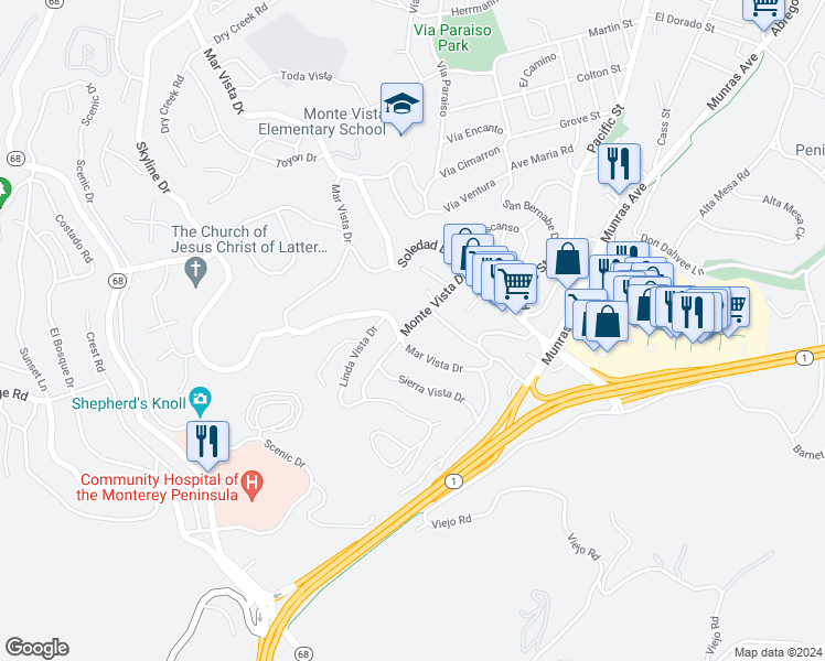 map of restaurants, bars, coffee shops, grocery stores, and more near 87 Monte Vista Drive in Monterey