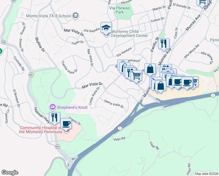 map of restaurants, bars, coffee shops, grocery stores, and more near 150 Mar Vista Drive in Monterey