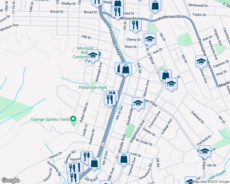 map of restaurants, bars, coffee shops, grocery stores, and more near 710 Volunteer Parkway in Bristol