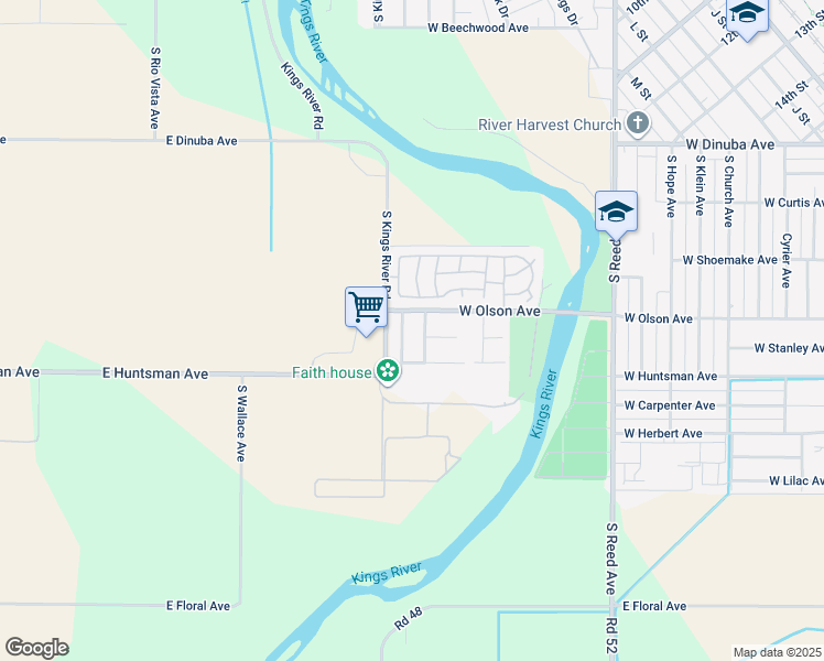 map of restaurants, bars, coffee shops, grocery stores, and more near 1522 River Bluff Drive in Reedley