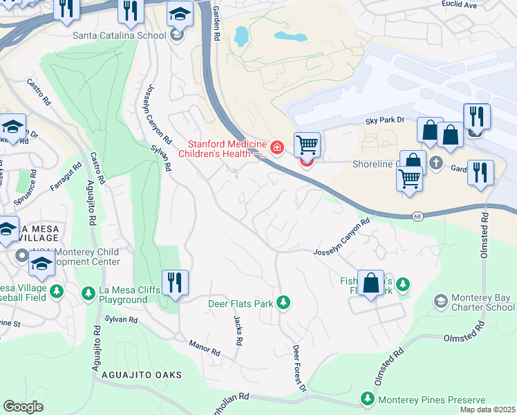 map of restaurants, bars, coffee shops, grocery stores, and more near 27 Twin Oaks Drive in Monterey