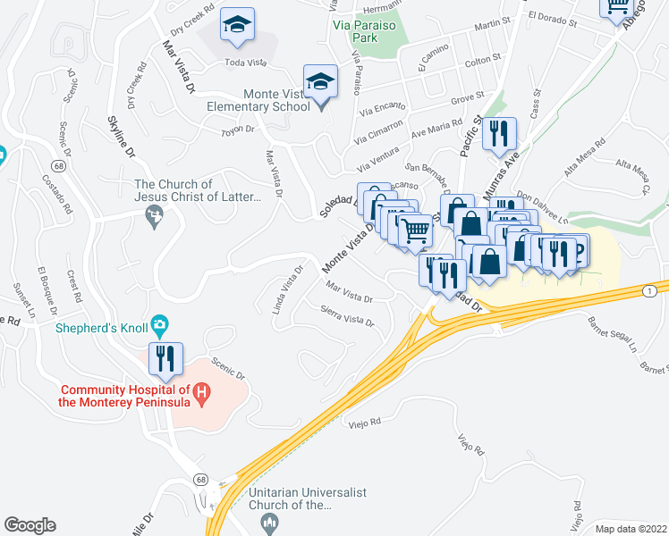 map of restaurants, bars, coffee shops, grocery stores, and more near 73 Monte Vista Drive in Monterey