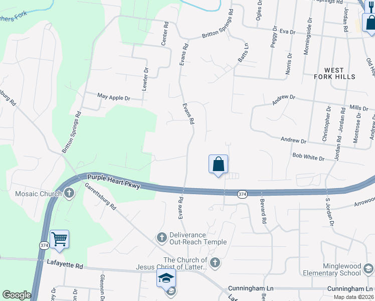 map of restaurants, bars, coffee shops, grocery stores, and more near 1804 Evans Road in Clarksville