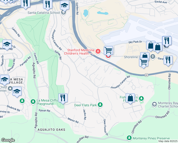 map of restaurants, bars, coffee shops, grocery stores, and more near 1255 Josselyn Canyon Road in Monterey