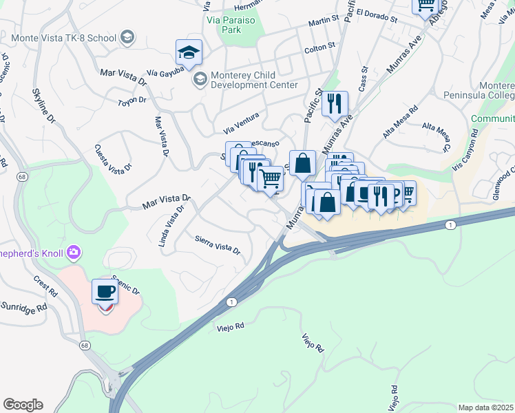 map of restaurants, bars, coffee shops, grocery stores, and more near 30 Mar Vista Drive in Monterey