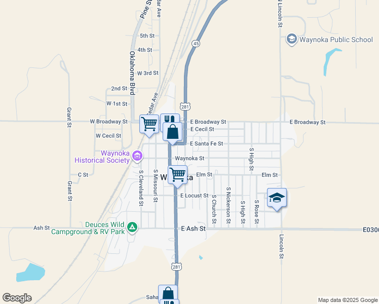 map of restaurants, bars, coffee shops, grocery stores, and more near 1857 Waynoka Street in Waynoka
