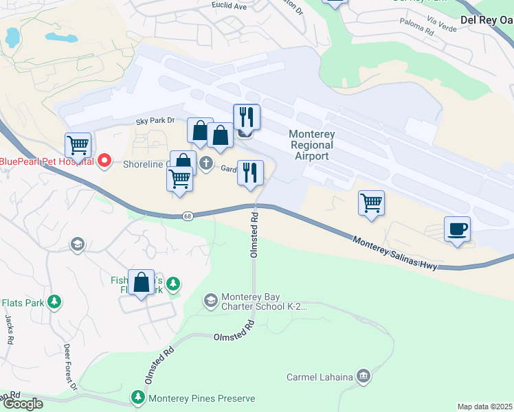 map of restaurants, bars, coffee shops, grocery stores, and more near 2800 Salinas Highway in Monterey