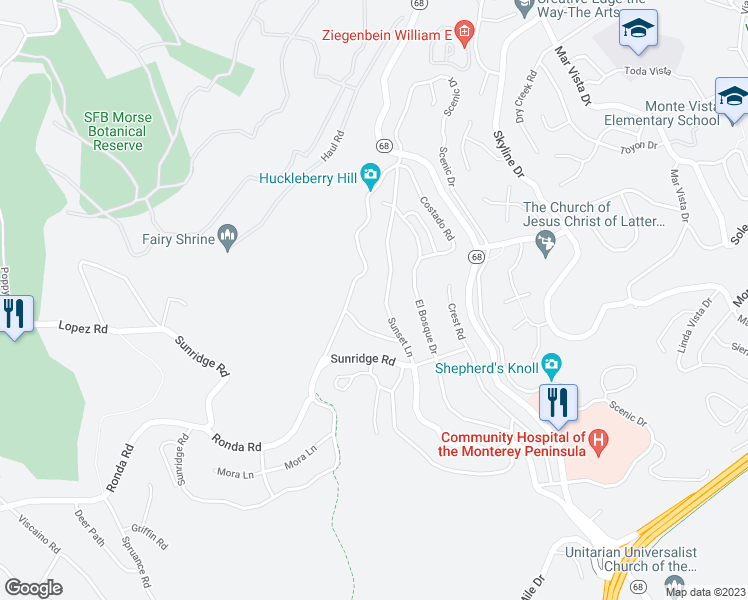 map of restaurants, bars, coffee shops, grocery stores, and more near 4076 Sunset Lane in Del Monte Forest