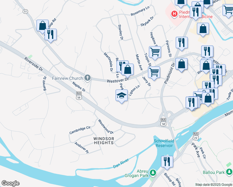 map of restaurants, bars, coffee shops, grocery stores, and more near 683 Park Avenue in Danville