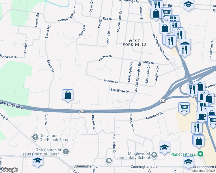 map of restaurants, bars, coffee shops, grocery stores, and more near 503 Pointer Lane in Clarksville