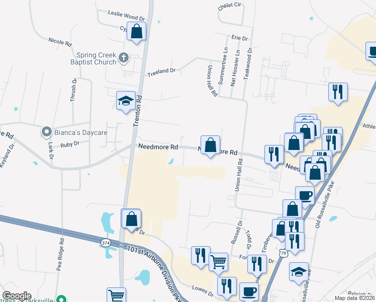 map of restaurants, bars, coffee shops, grocery stores, and more near 268 Needmore Road in Clarksville