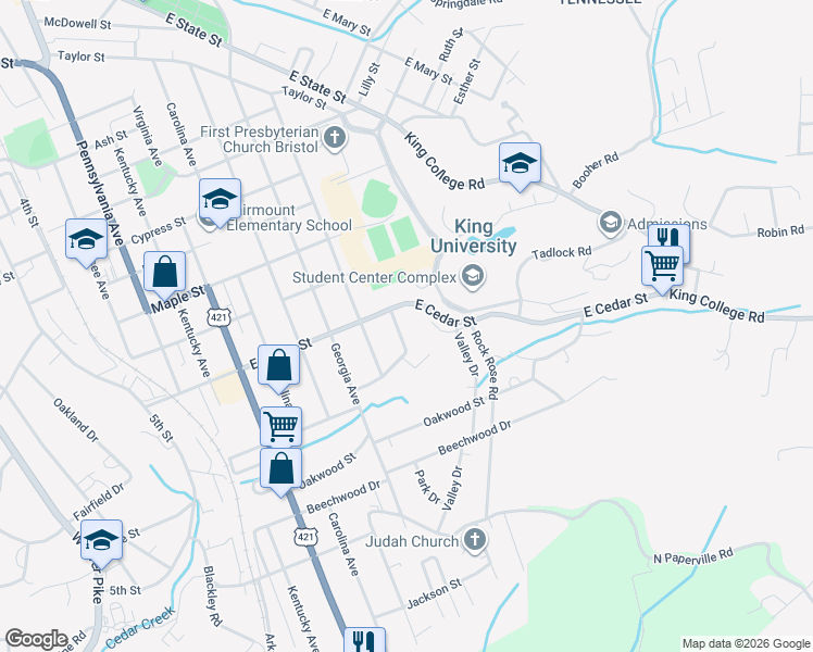 map of restaurants, bars, coffee shops, grocery stores, and more near 1212 Golf St in Bristol