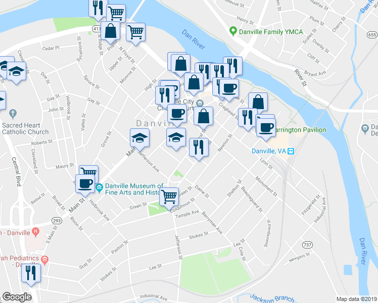 map of restaurants, bars, coffee shops, grocery stores, and more near 300 South Ridge Street in Danville