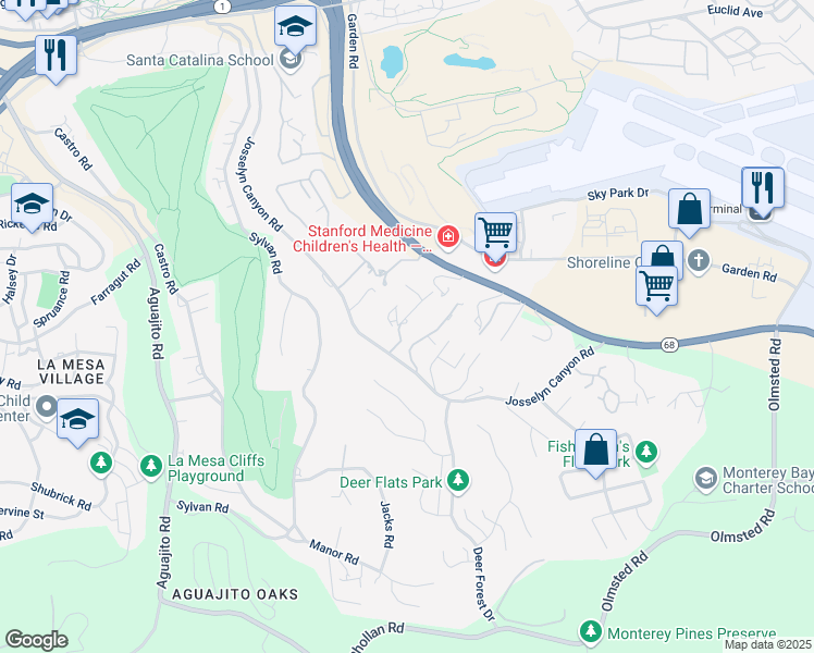 map of restaurants, bars, coffee shops, grocery stores, and more near 1255 Josselyn Canyon Road in Monterey