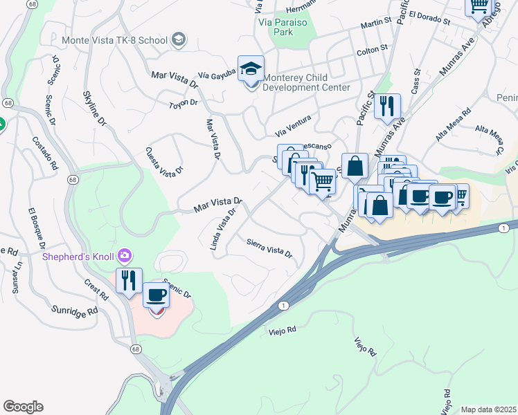 map of restaurants, bars, coffee shops, grocery stores, and more near 71 Monte Vista Drive in Monterey